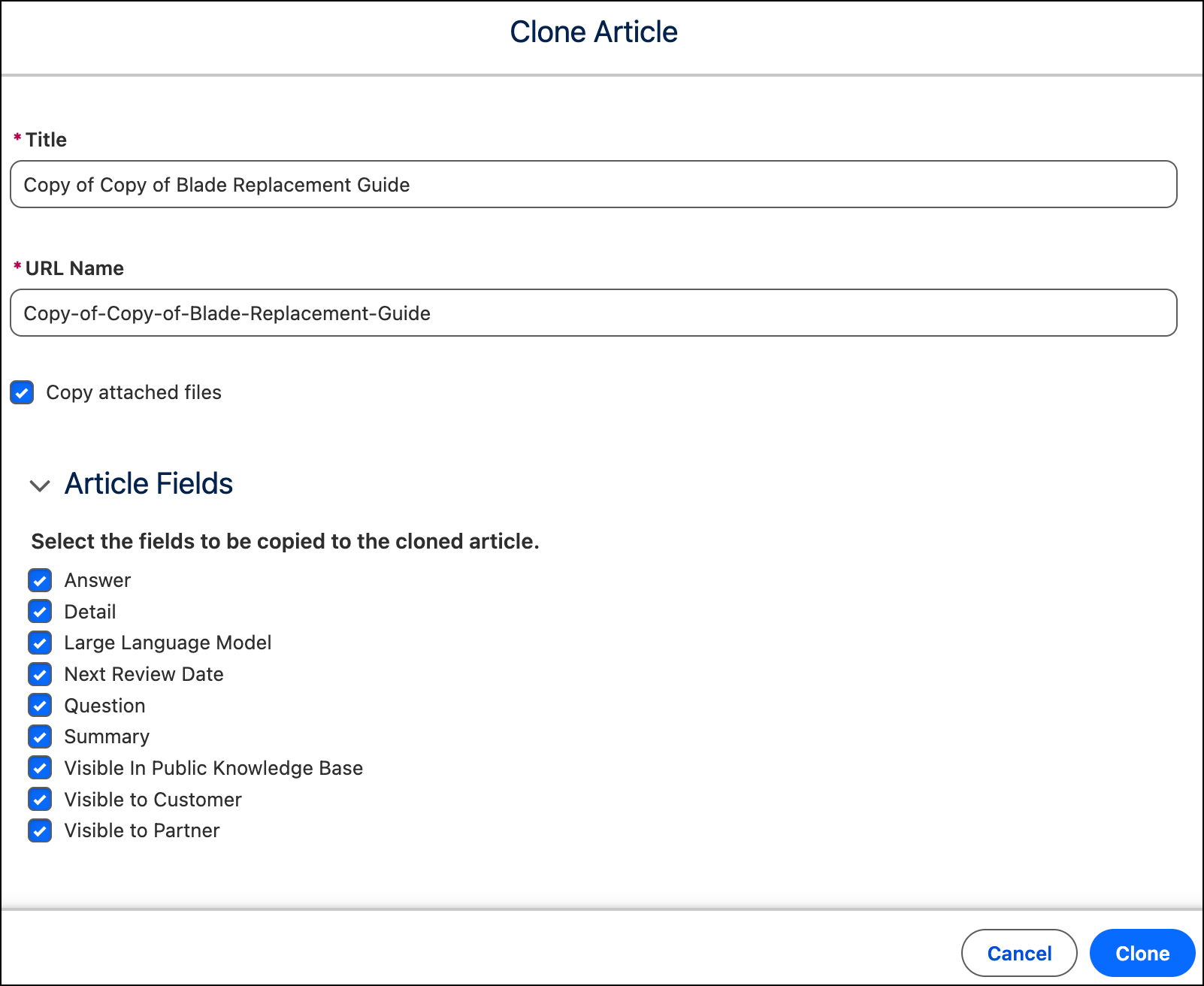 The Clone Article dialog showing a prefilled Title and URL Name, Copy attached files selected, and all article fields selected.