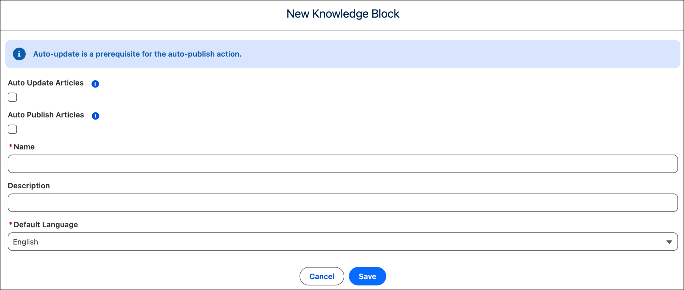 The New Knowledge Block modal showing the Auto update articles and Auto publish articles selected