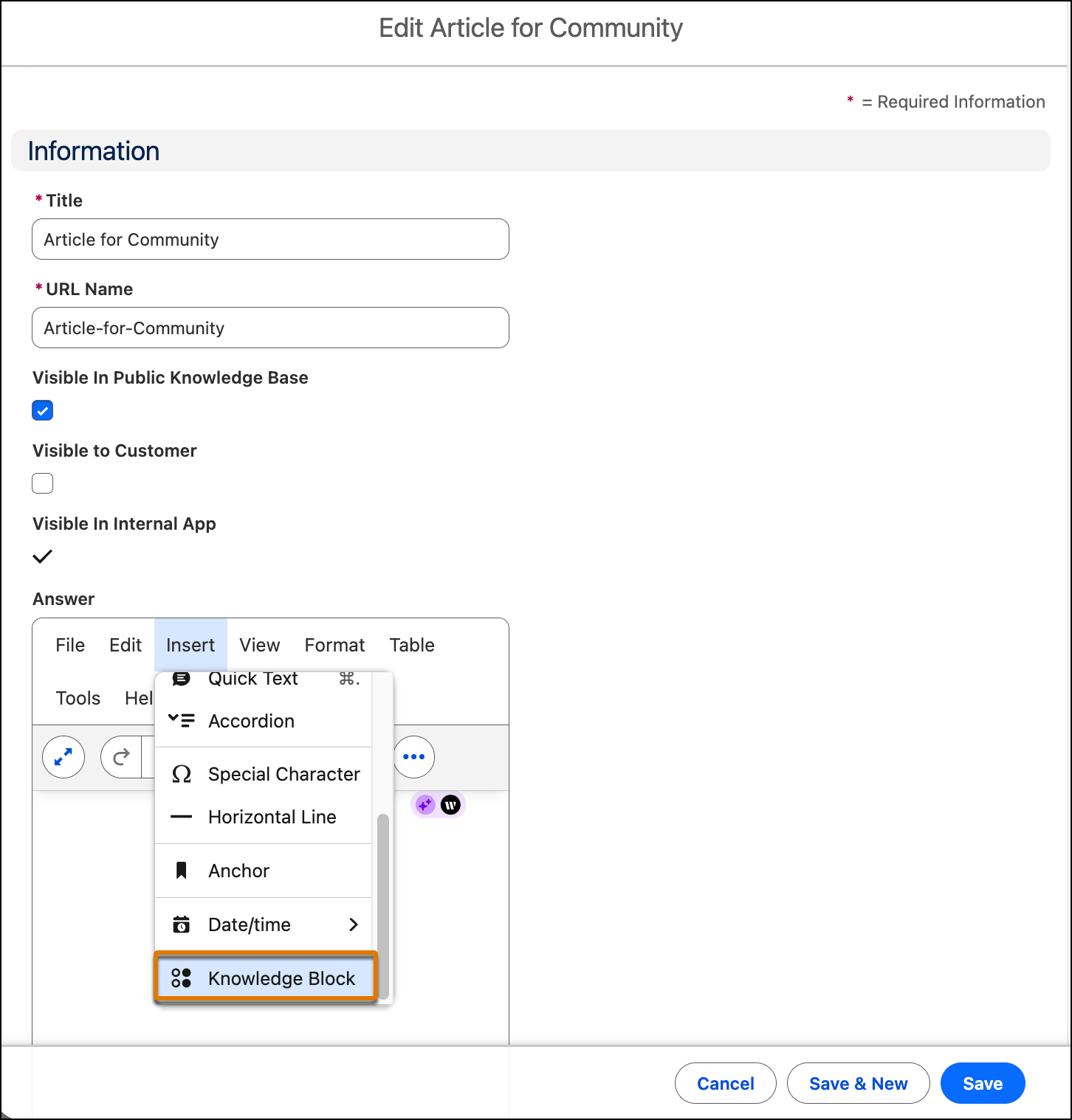 The Edit article page showing the Knowledge Block option in the Insert tab.