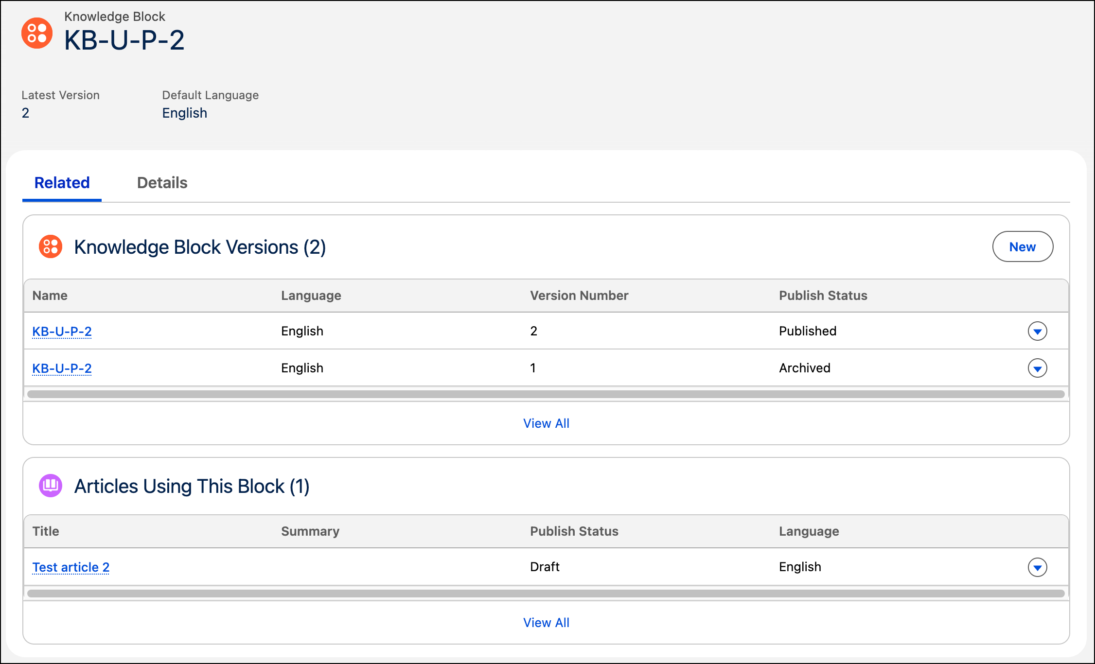 The Knowledge Block details page showing the Knowledge Block Versions and Articles Using This Block related list.