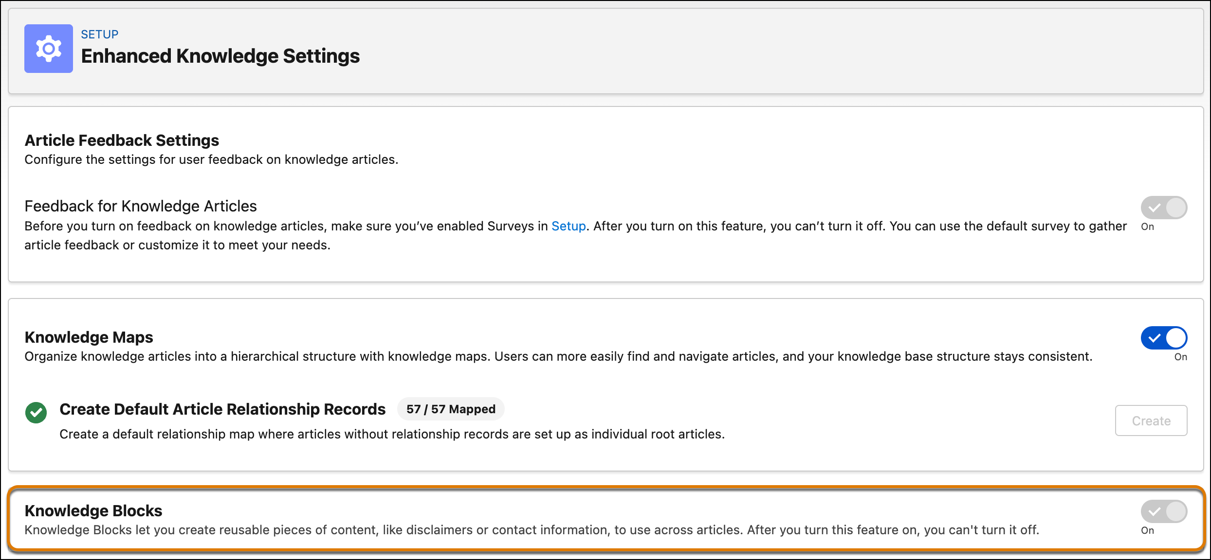 The Enhanced Knowledge Settings page showing the Knowledge Blocks toggle enabled