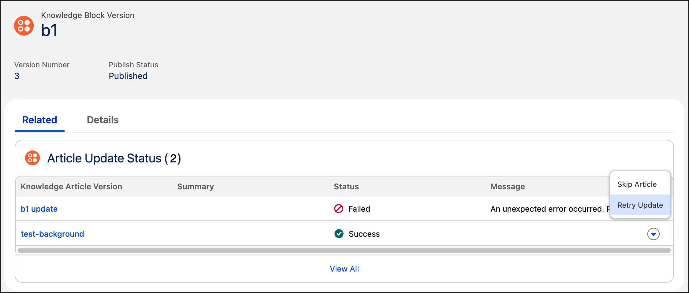 The Article Update Status related list showing the Retry Update Action menu option.