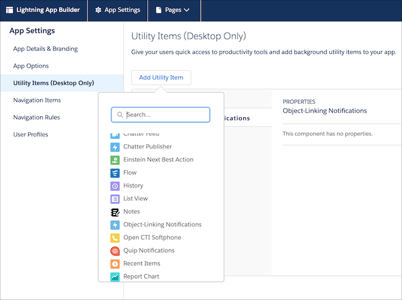 Screenshot of the Lightning App Builder window with a picklist to select Object-Linking Notifications to generate messages to the support rep.]