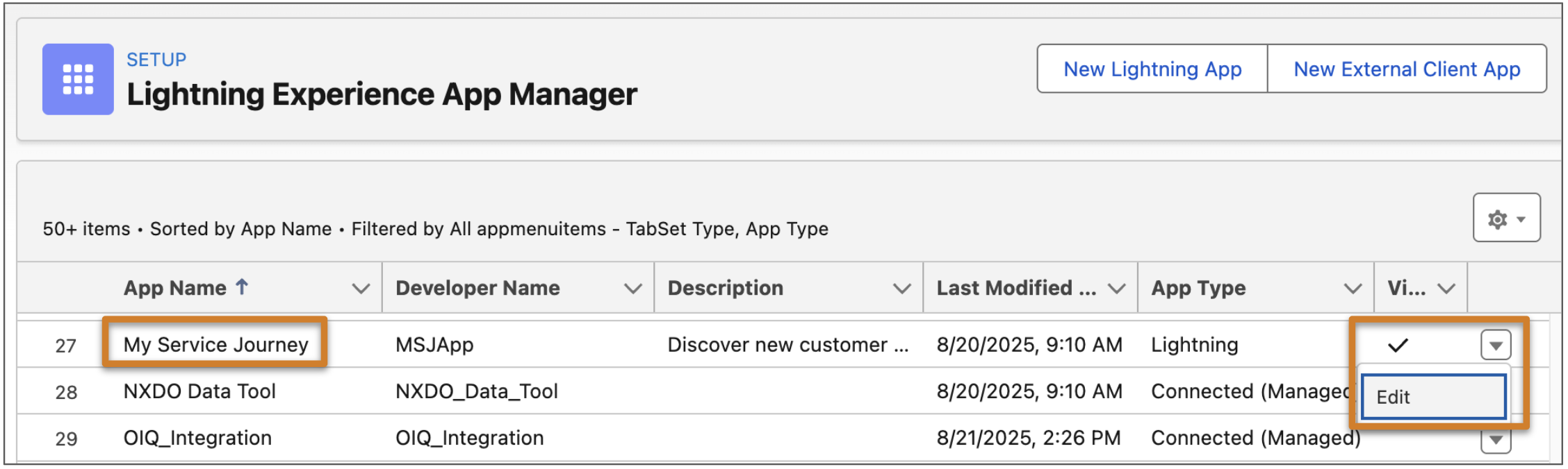 Mi trayectoria de servicio en la vista de lista del Gestor de aplicaciones Lightning Experience
