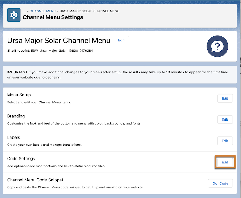 Modifier la page Paramètres de code du menu de canal.