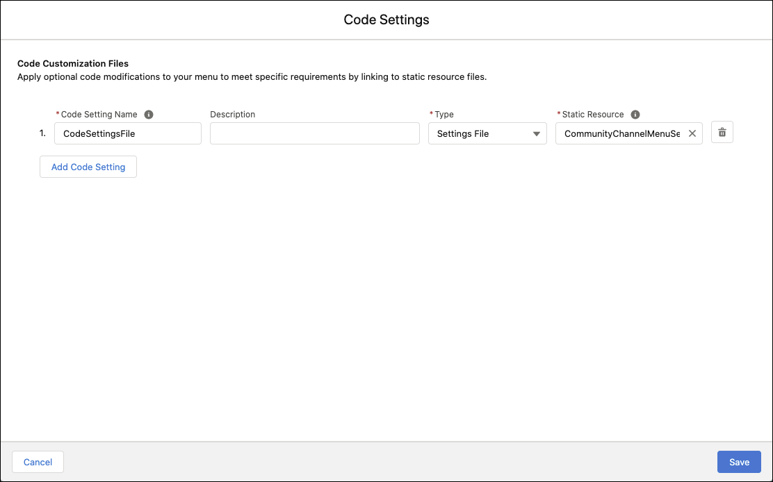 Capture d'écran des paramètres du code avec un nom de paramètre de code ajouté