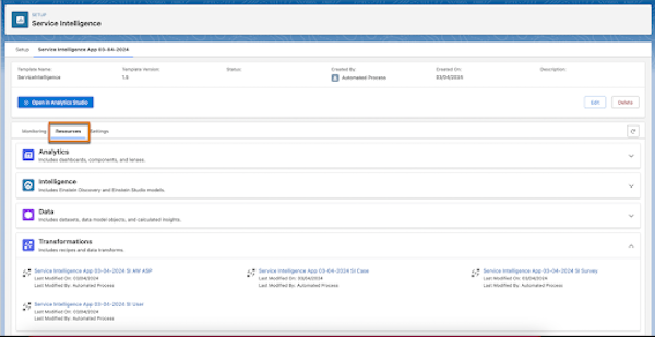 L'onglet Ressources sous l'onglet Gestion de l'application Intelligence du service.