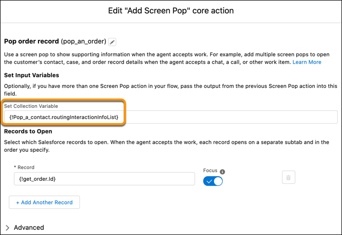 L'output della prima azione Aggiungi screen-pop viene passato come input alla seconda azione Aggiungi screen-pop.