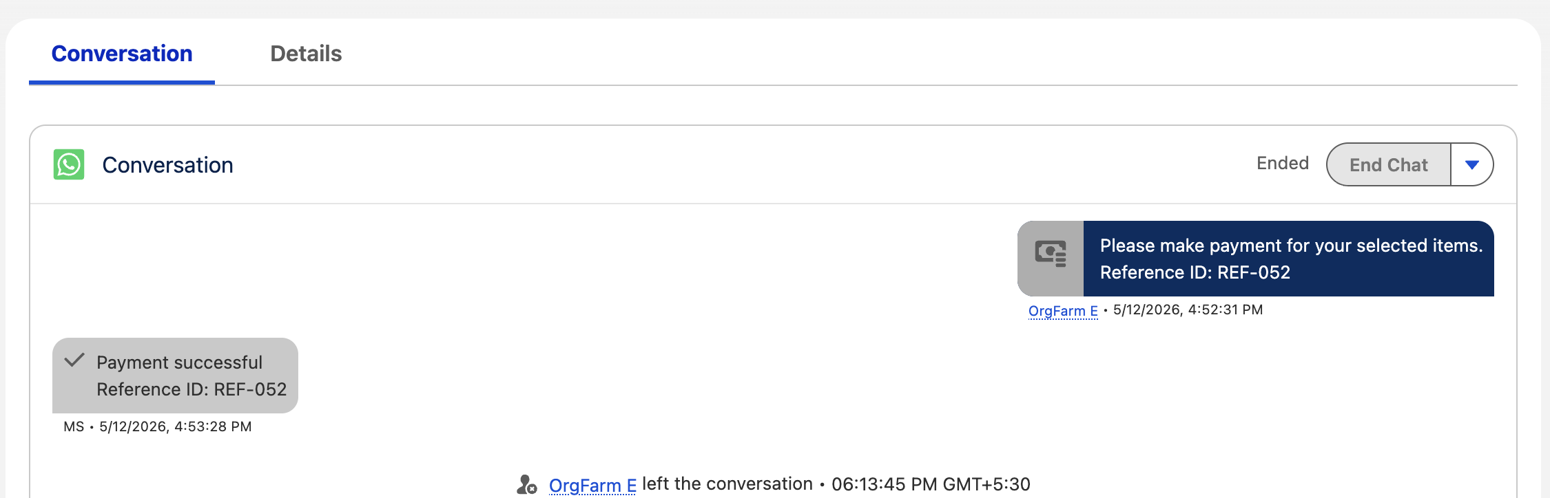 Conversation transcript showing WhatsApp payment component