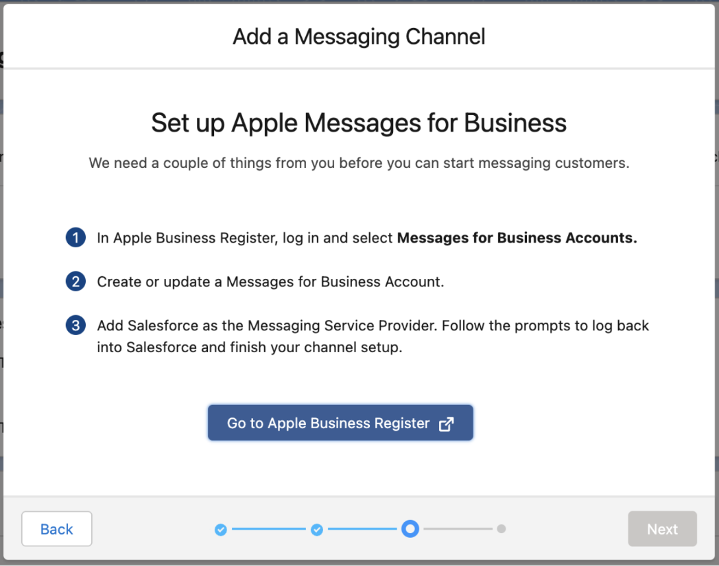 Set Up Apple Messages for Business flow screen