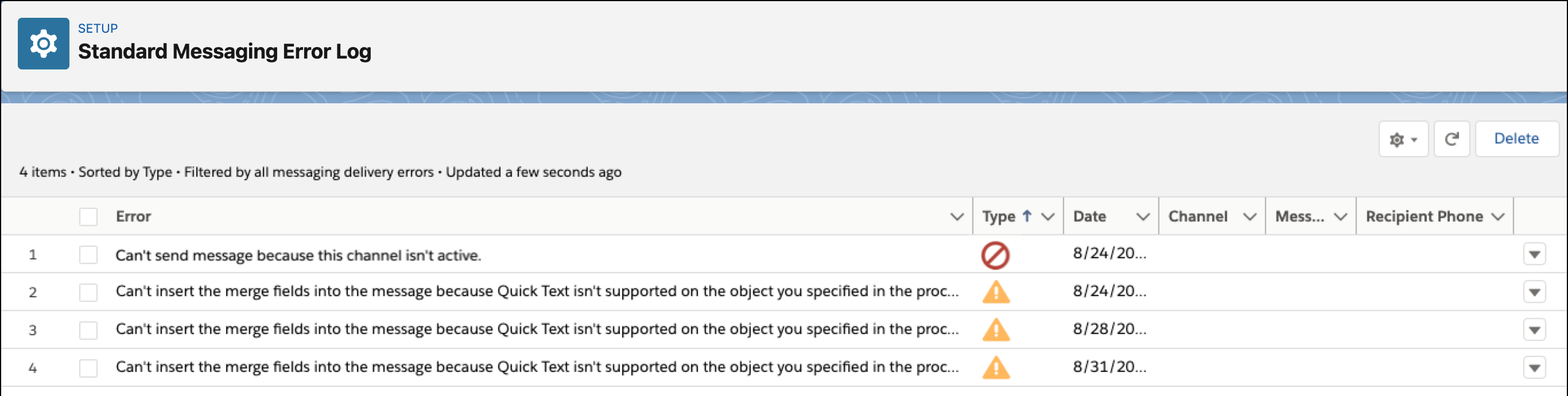 Messaging Templates Error Log