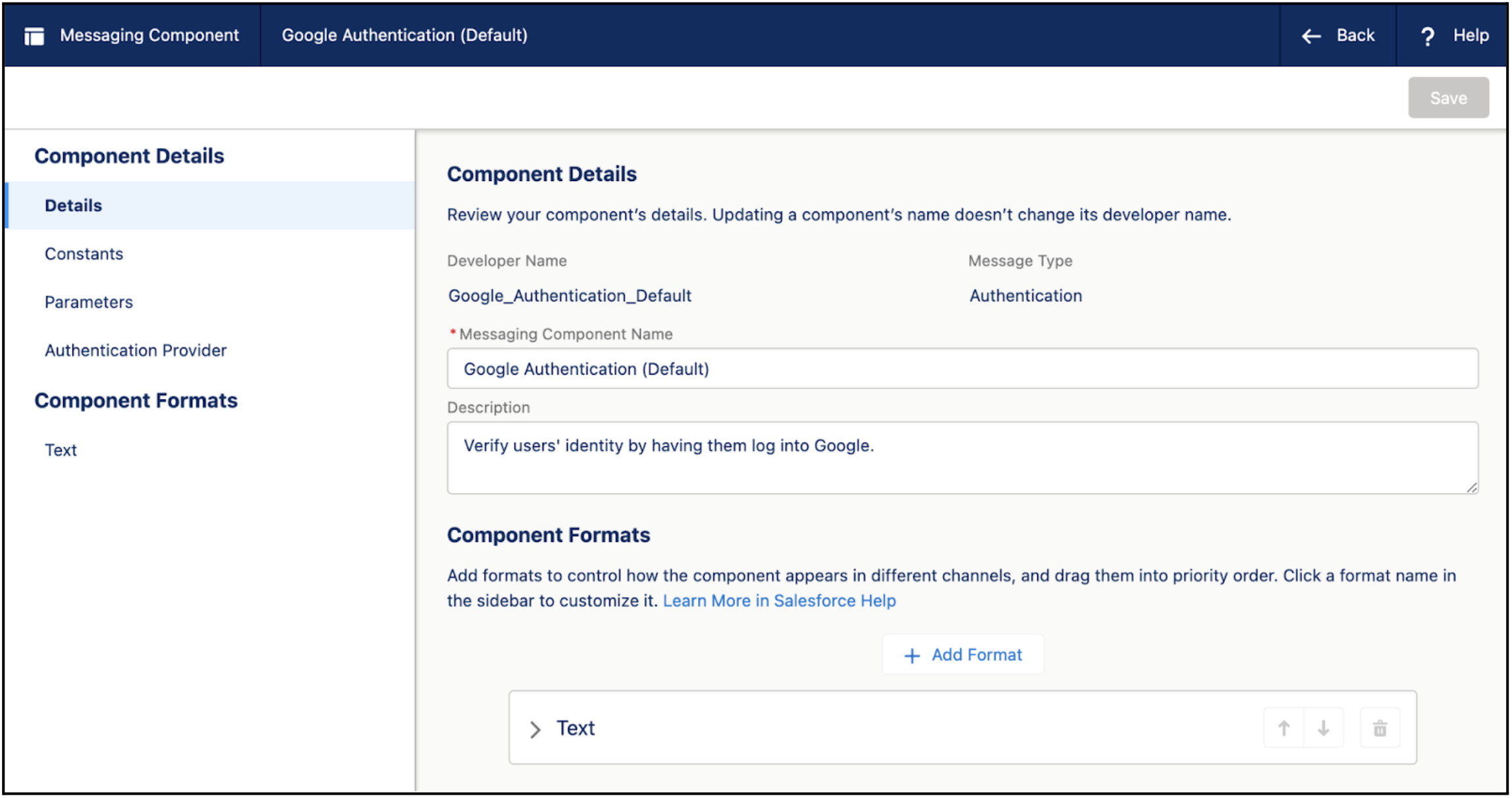 Messaging Component Builder showing a new authentication component