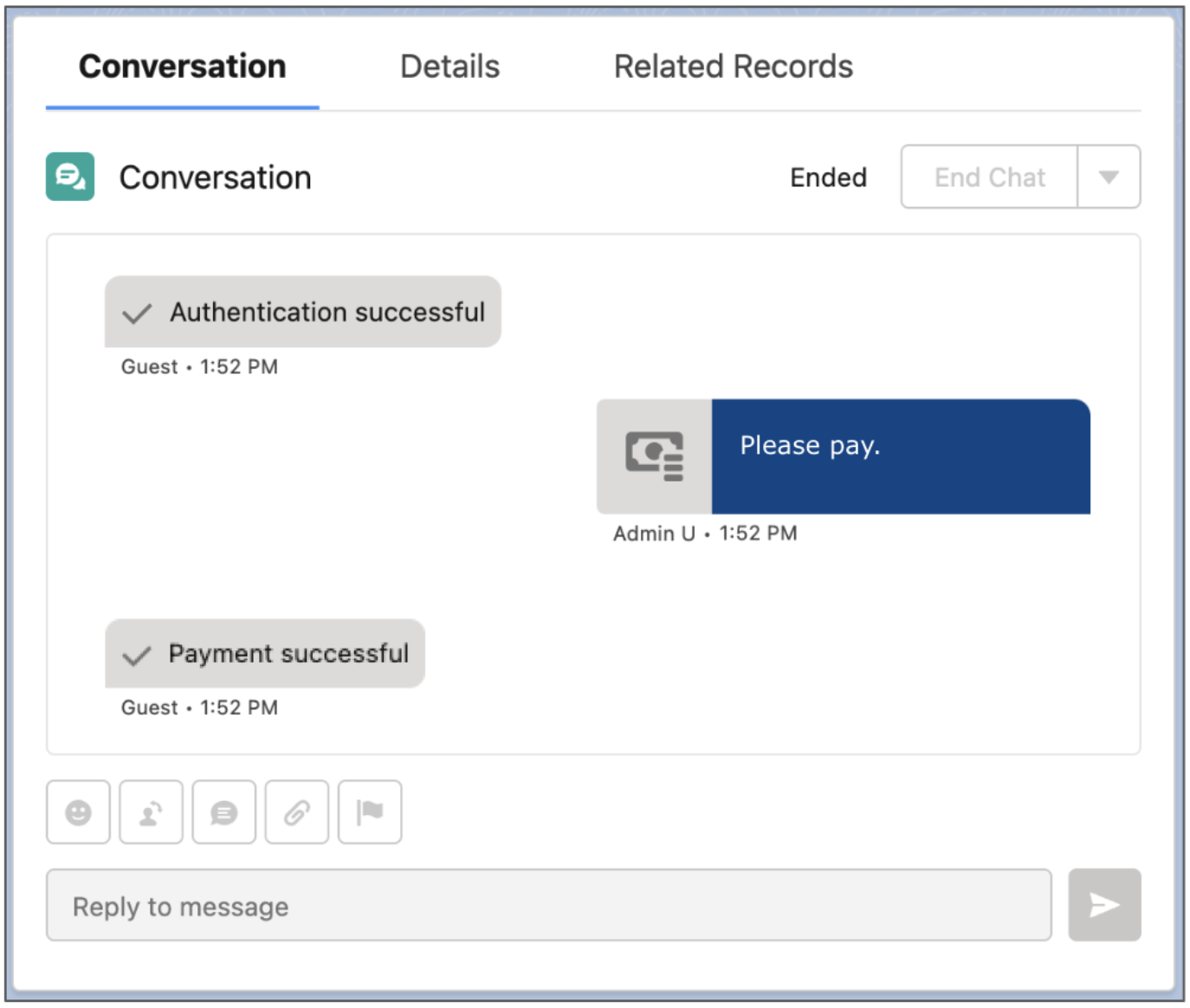 Conversation transcript showing a payment component