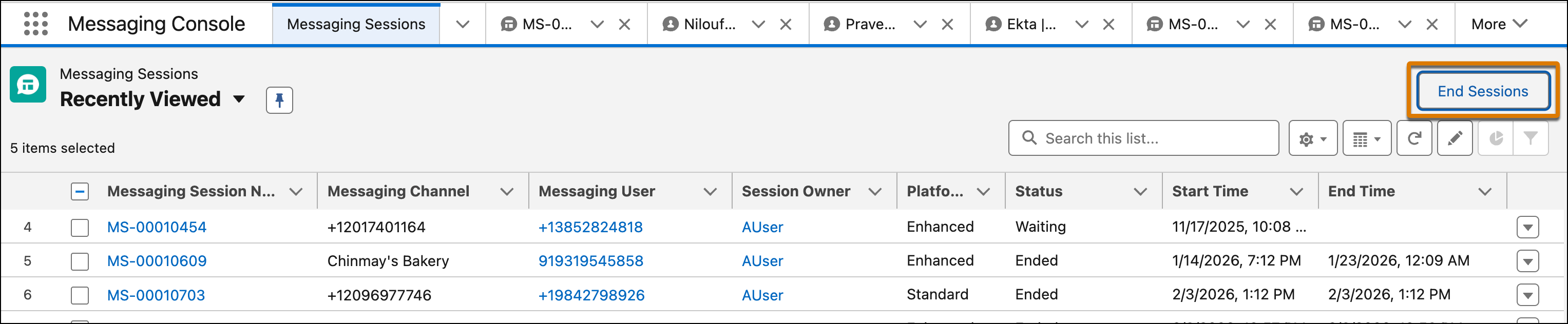 The End Sessions button in Messaging Sessions list view