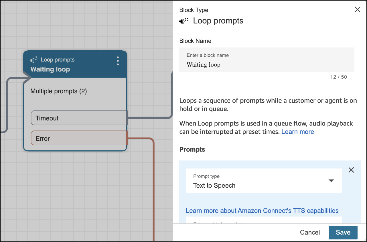 Opened Loop prompts block with configurations for the waiting loop