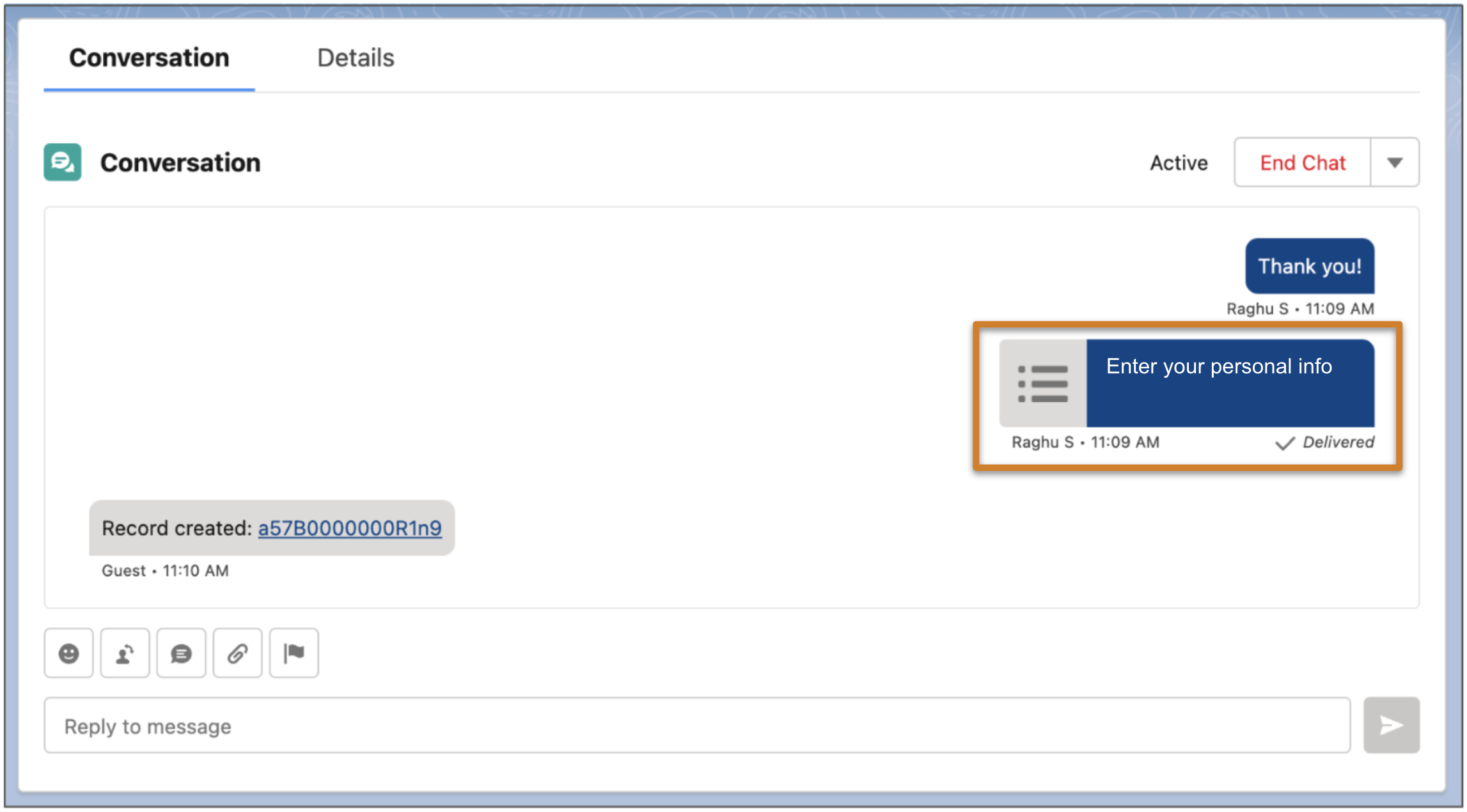 Message transcript showing form component