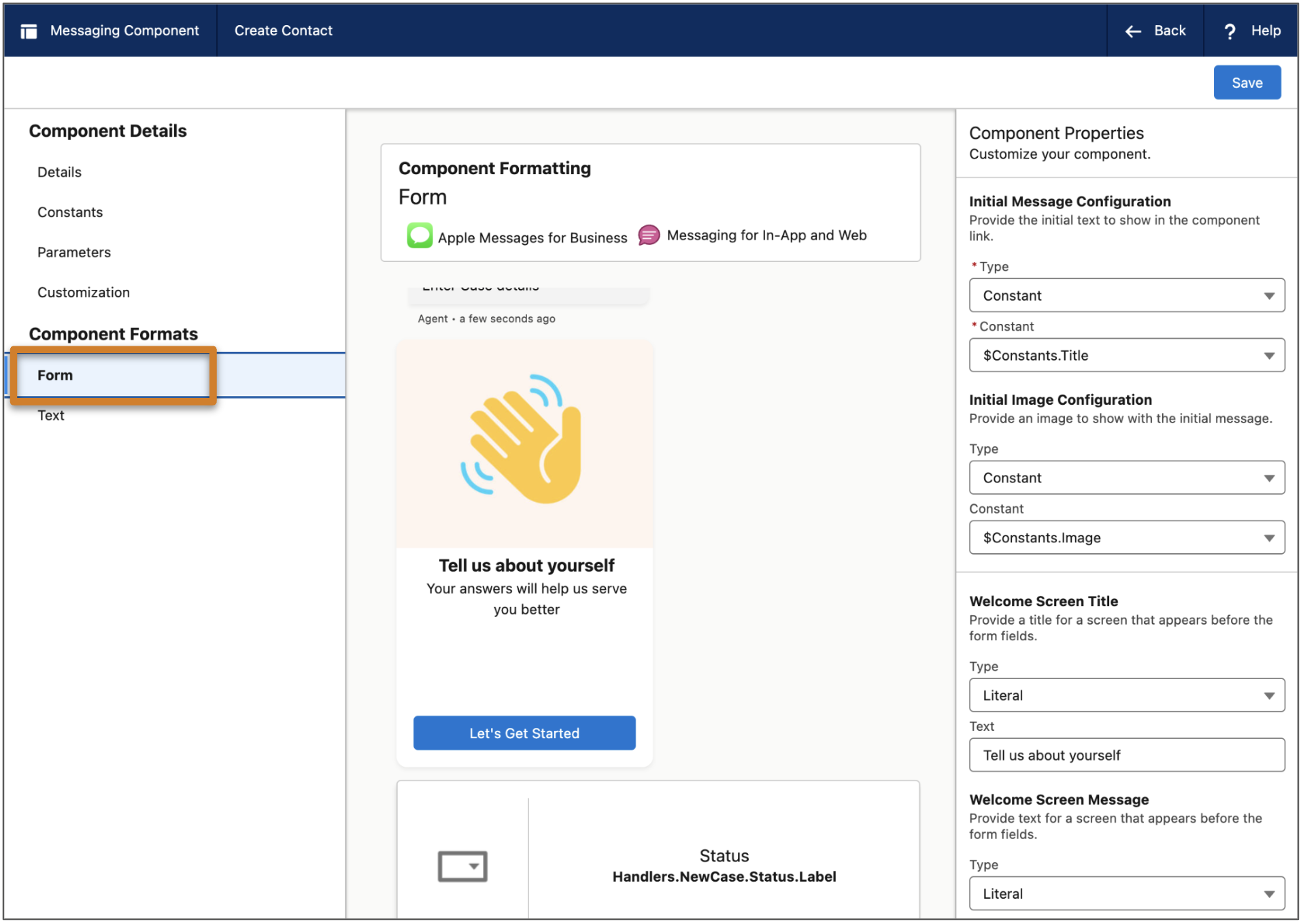 Messaging Component Builder showing the Form format properties