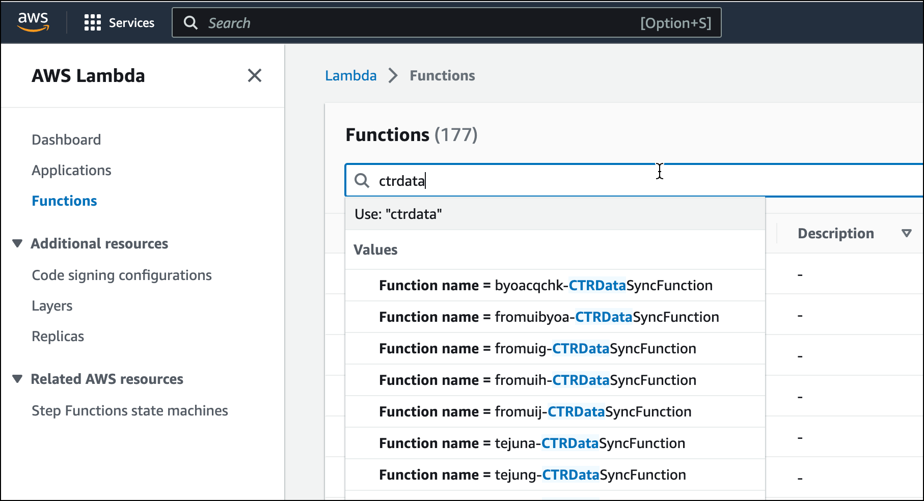 The list of functions is filtered based on what you enter in the search box.
