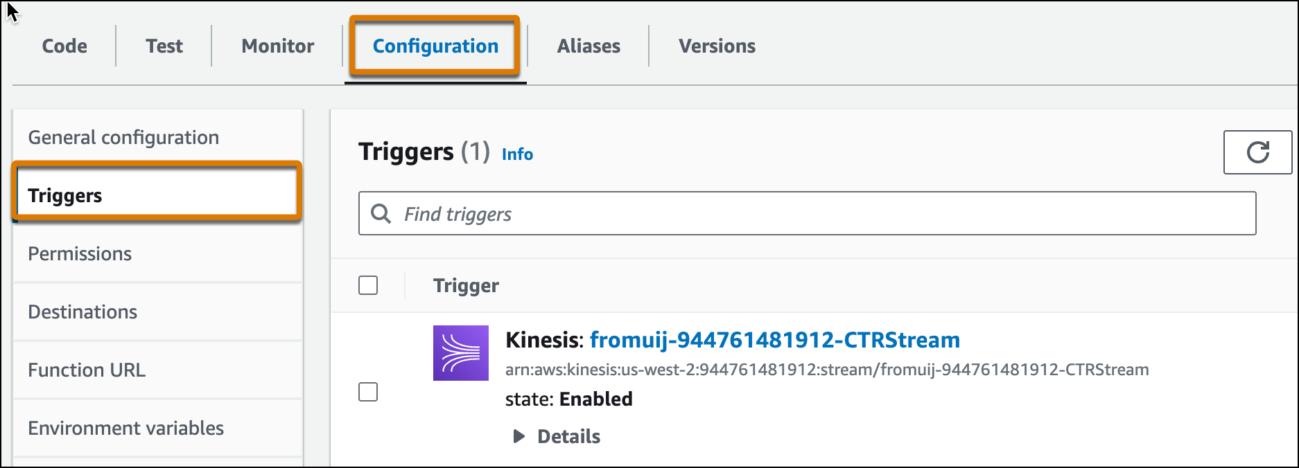 The Triggers tab shows that the Kinesis trigger is enabled.