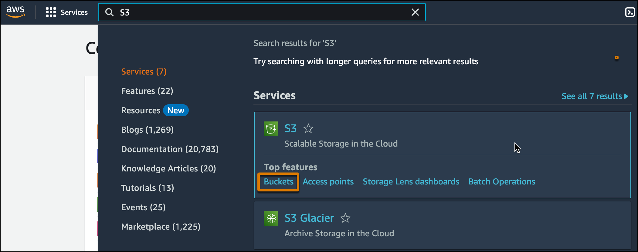 The Buckets option appears inside the S3 service.