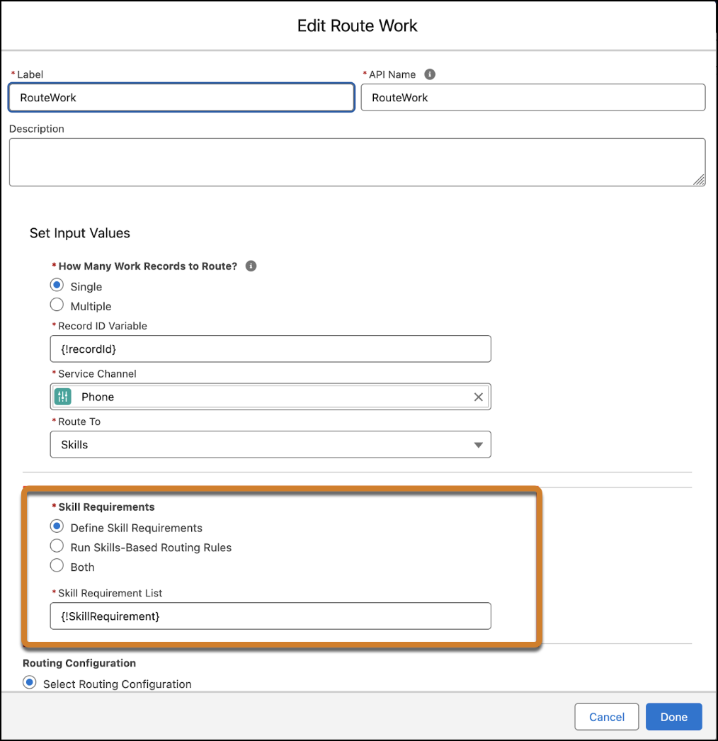 Add a Route Work action to the flow, route a single recordId variable on a Phone service channel to Skills. Define skill requirements using a Skill Requirement list.