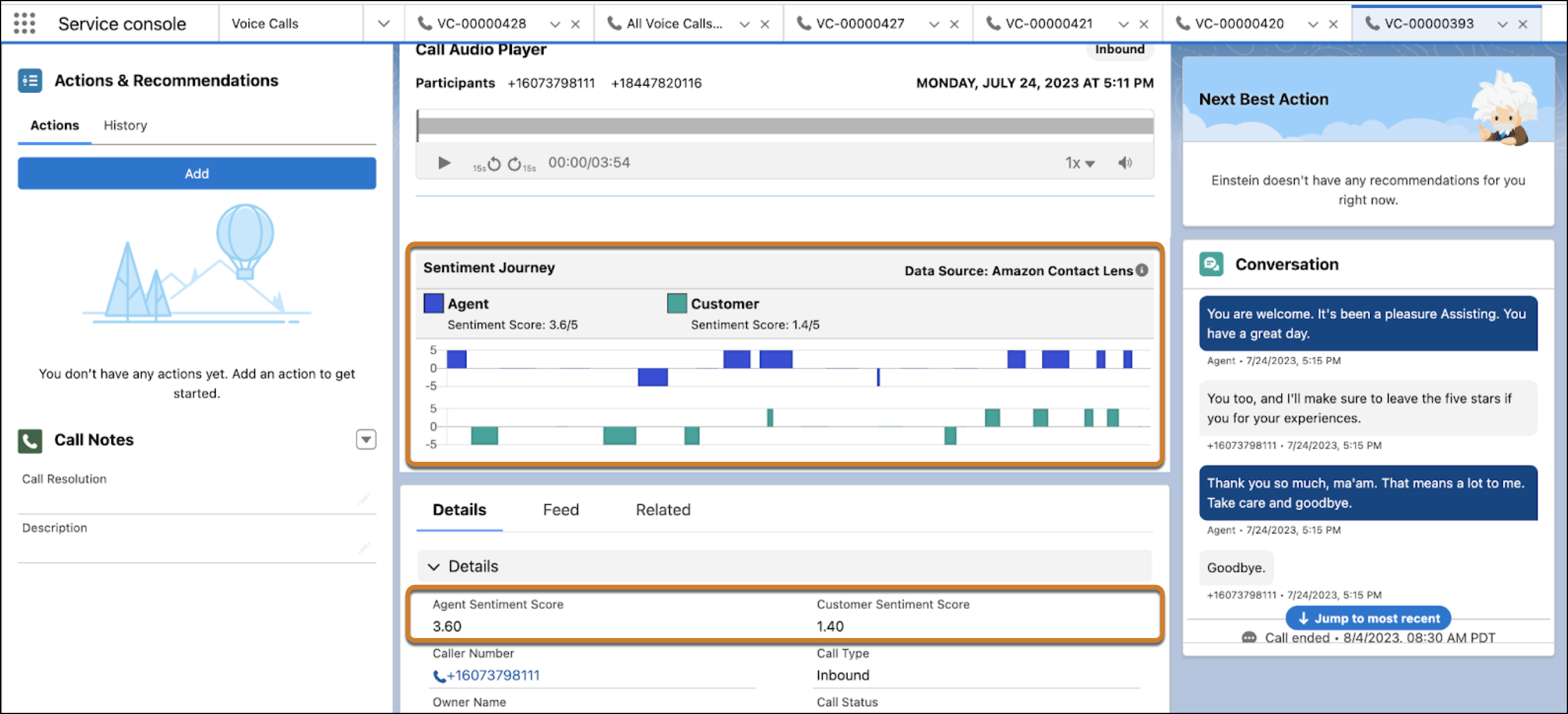 The agent and customer sentiments appear in the Voice Call record if the components are added to the page layout.