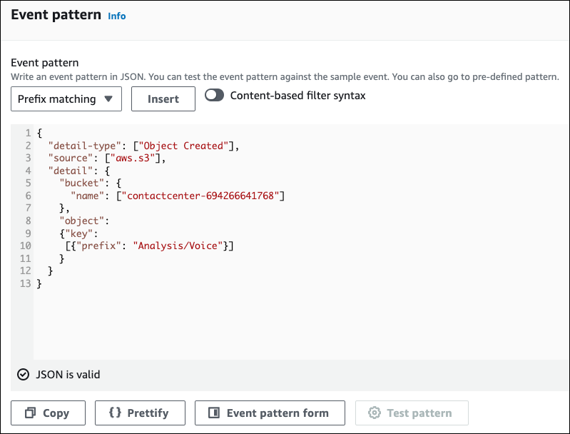 The event pattern in JSON format
