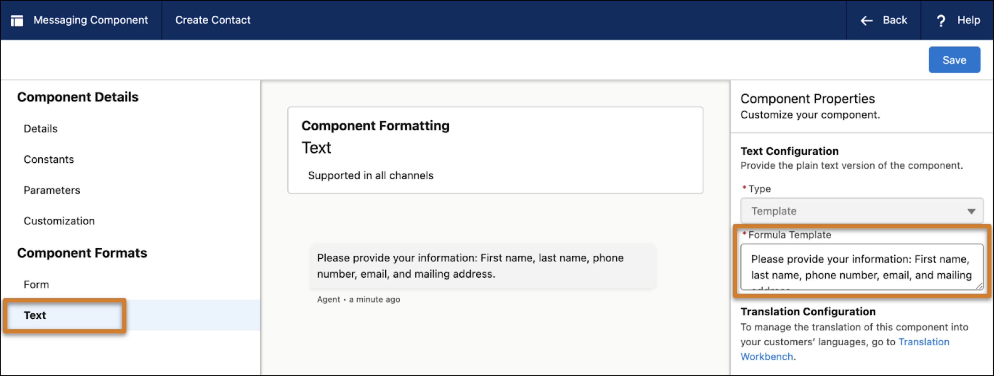 Messaging Component Builder with the Text component format layout shown.