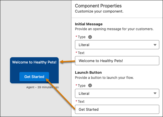 Messaging Component Builder canvas showing a preview of the Initial Message and Launch Button text.