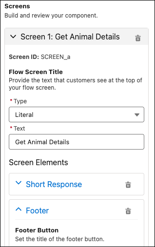 Screen element configuration options in the Component Properties panel.