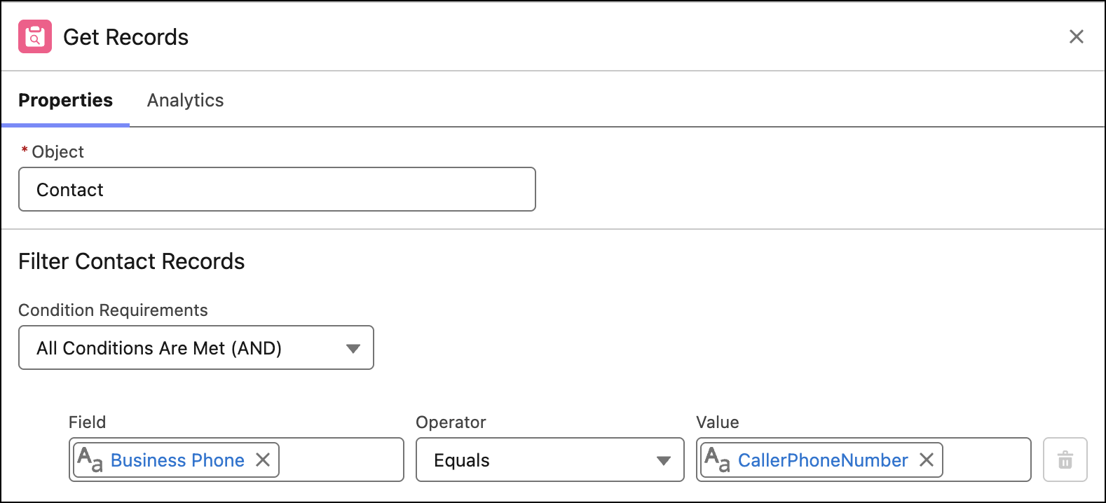 Get records action for a Contact where Business Phone equals CallerPhoneNumber