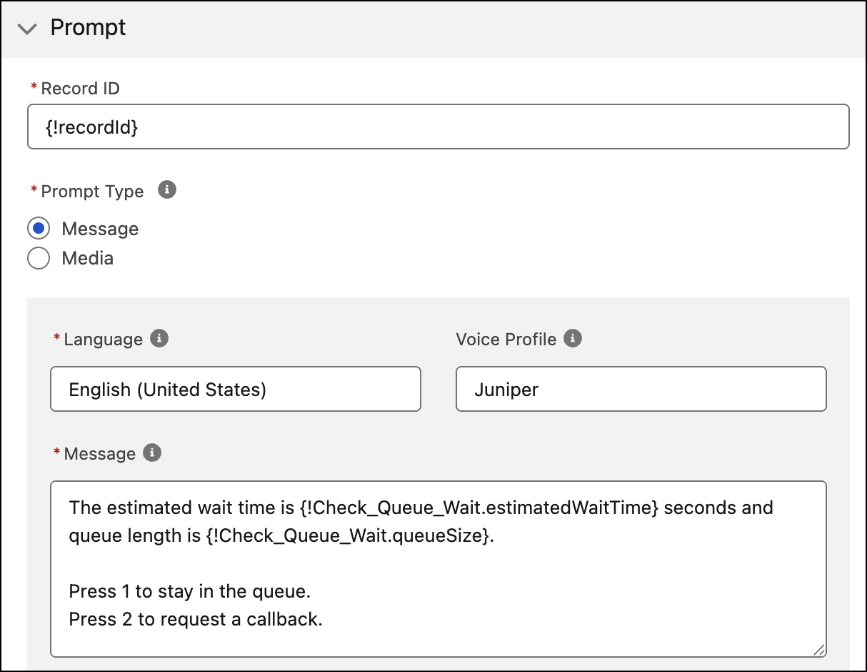 The Play Prompt action configured so that a prompt is played that gives the customer an option to get a callback