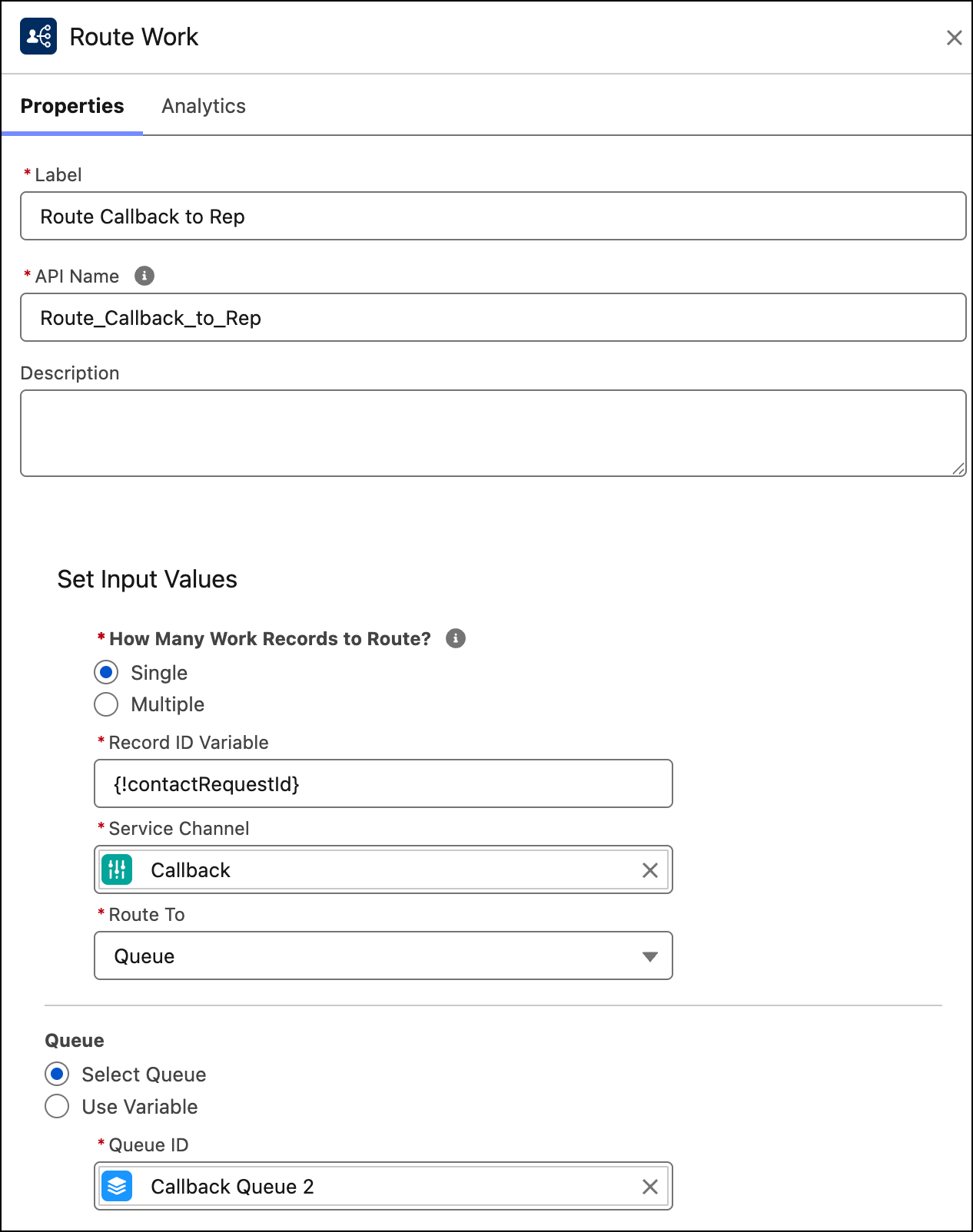 In the Route Work action, route a single record with the variable contactRequestId to a channel and queue