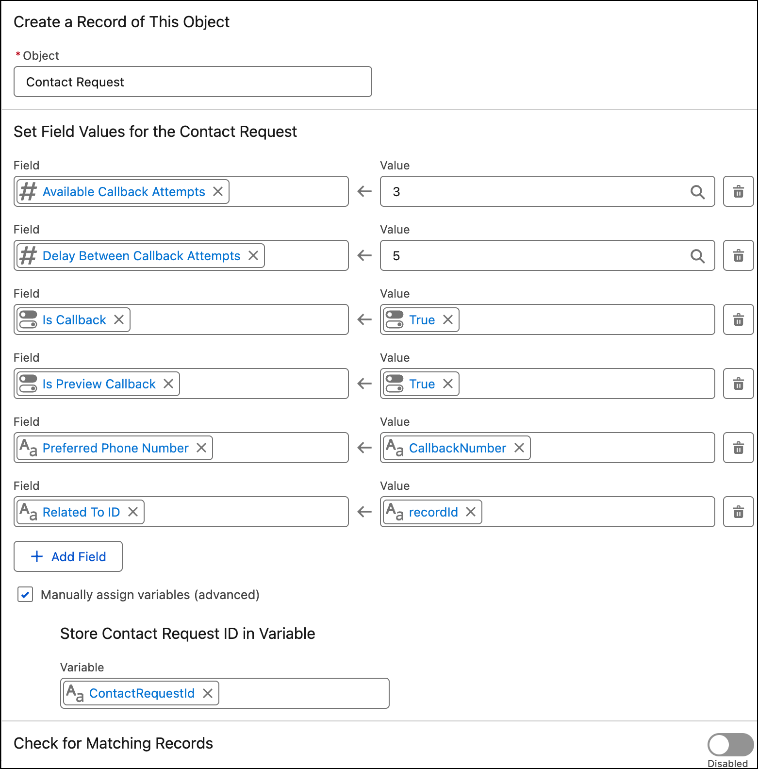 In the Create Records action, for a contact request object, multiple fields and their values are set
