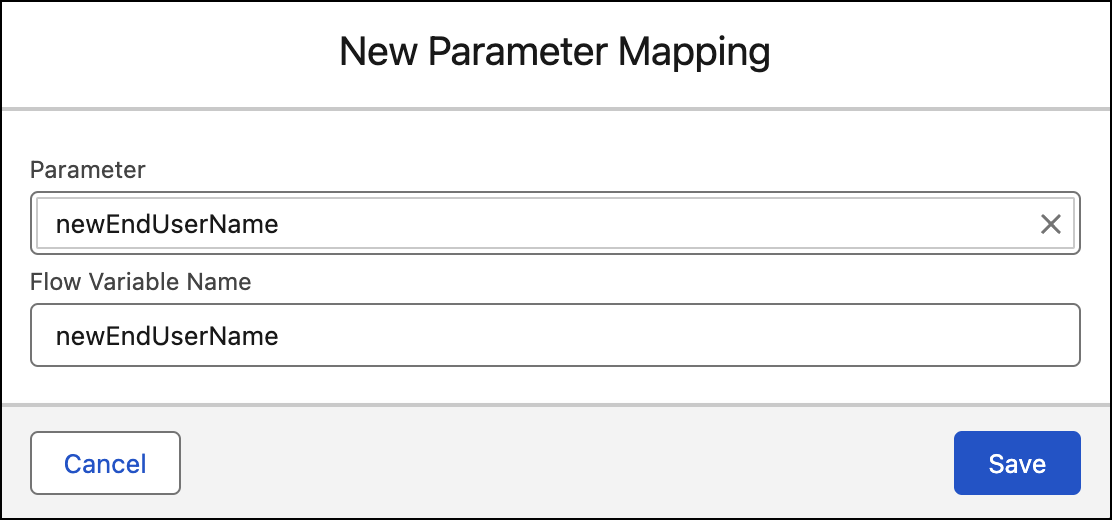 New parameter mapping for the newEndUserName parameter and newEndUserName flow variable name