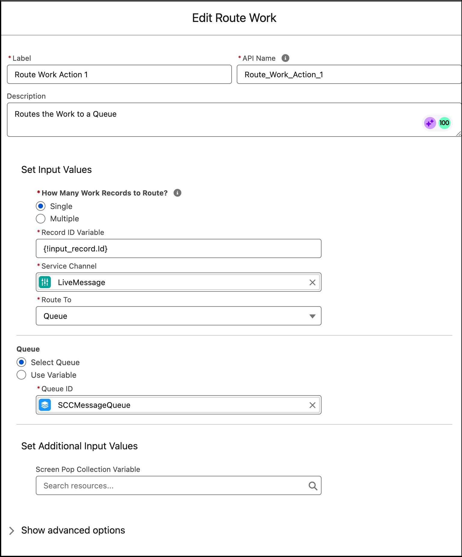 Route Work action that routes a single record using an input_record Id to a Service Channel, routing to a Queue