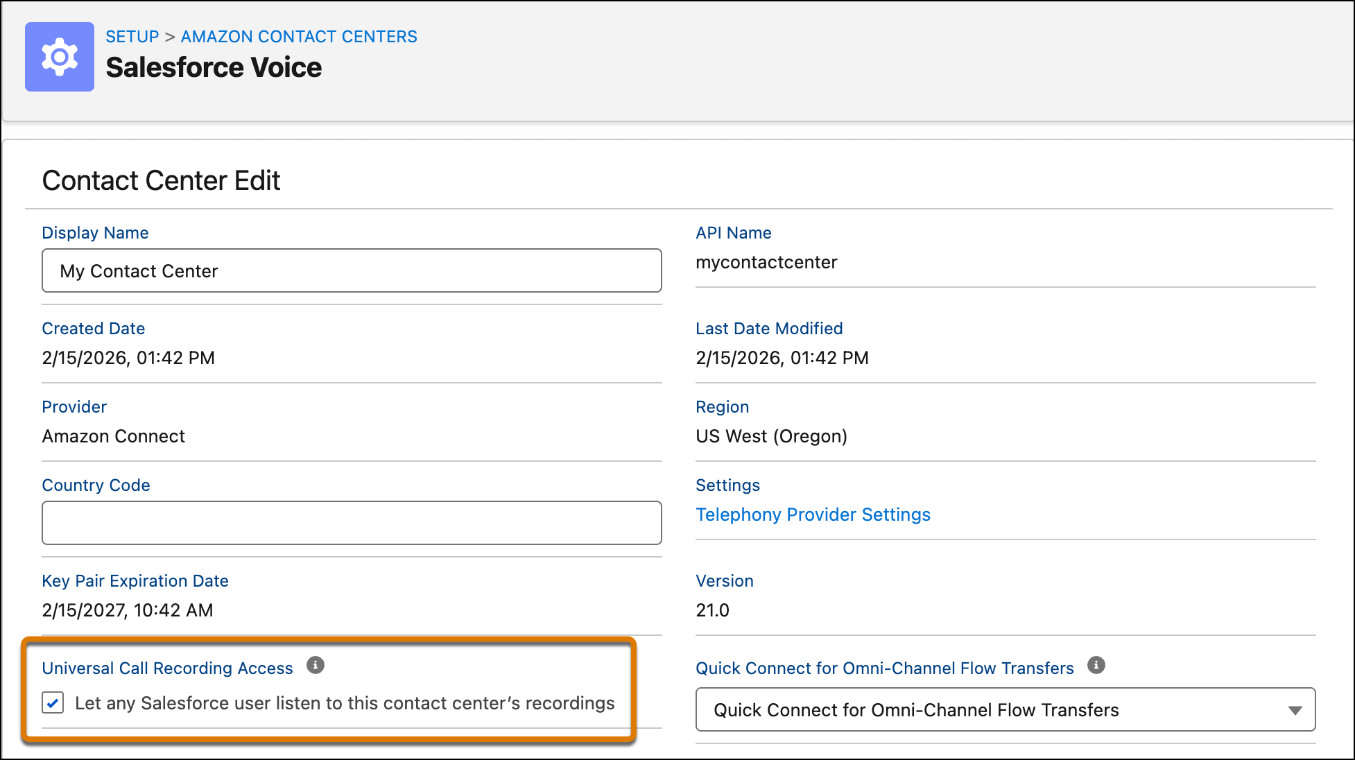 The Universal Call Recording Access checkmark appears on the contact center page