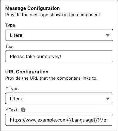 Secciones Configuración de mensajería y Configuración de URL rellenas en el Generador de componentes
