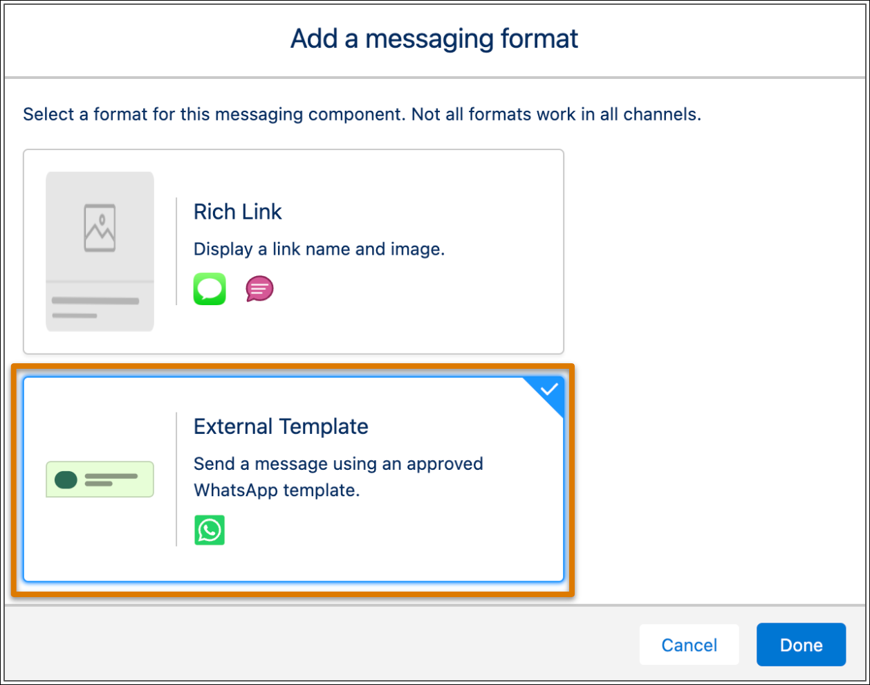 Fenêtre Ajouter un format de message avec Modèle externe sélectionné.