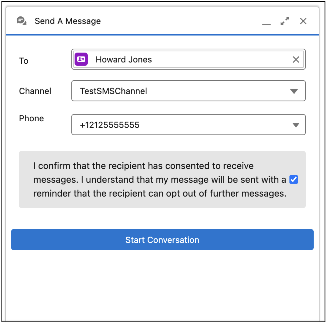 Inviare un composer di messaggi con un utente di messaggistica, un canale SMS e un numero di telefono selezionati