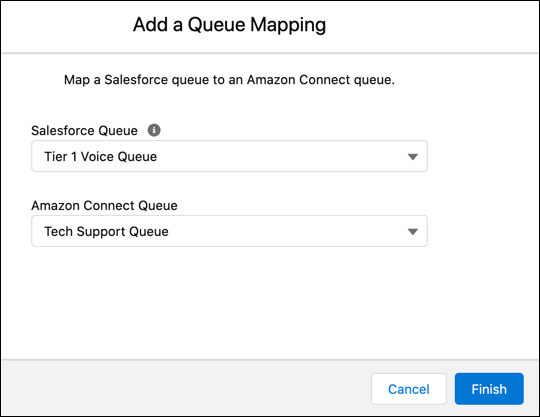 L'area di attesa di Voice di livello 1 in Salesforce viene mappata all'area di attesa Tech Support (Supporto tecnico) in Amazon Connect.