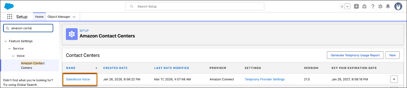 I call center sono visualizzati nel riquadro destro della schermata Amazon Contact Centers (Call center Amazon).