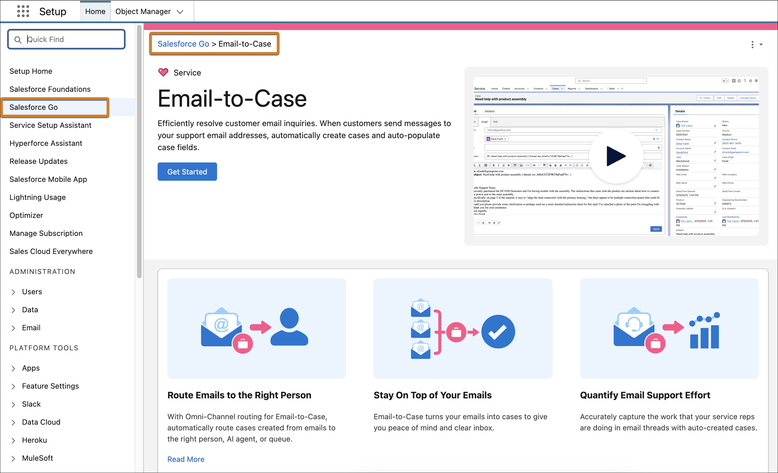 メール-to-ケースの Salesforce 移動ページ