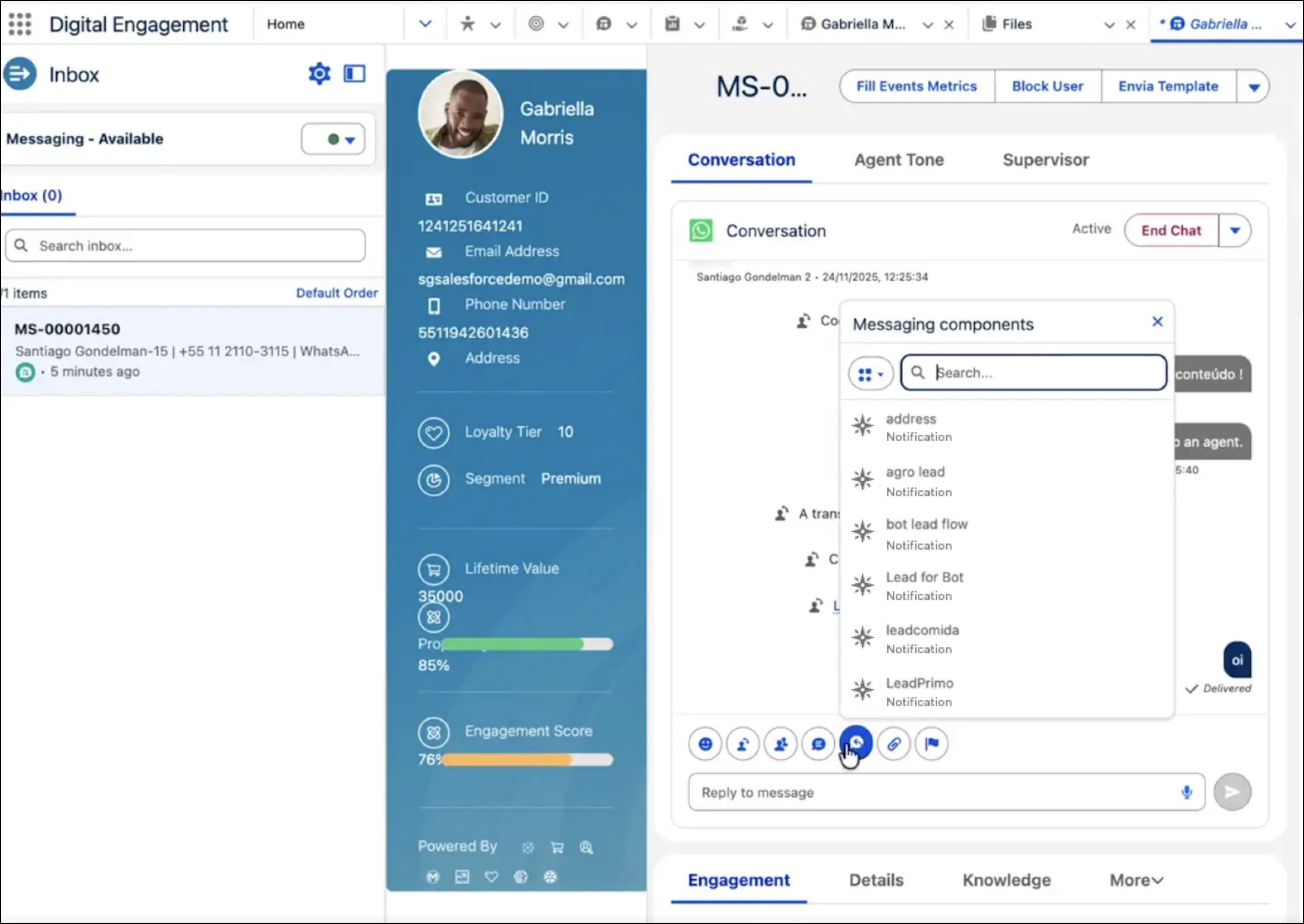 Meddelelsesudforming i Service Console med plukkeren Meddelelseskomponent valgt.