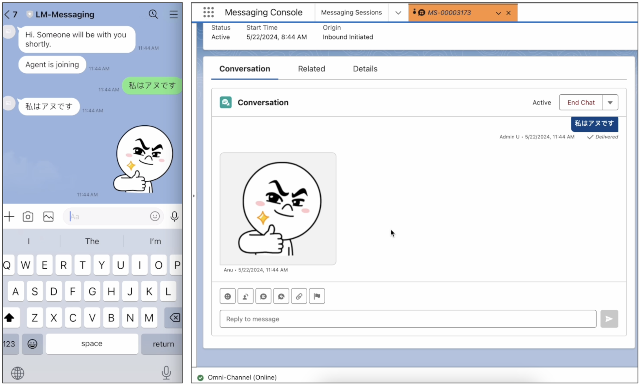 Links de mobiele app LINE en rechts de Service Console die het gesprek toont