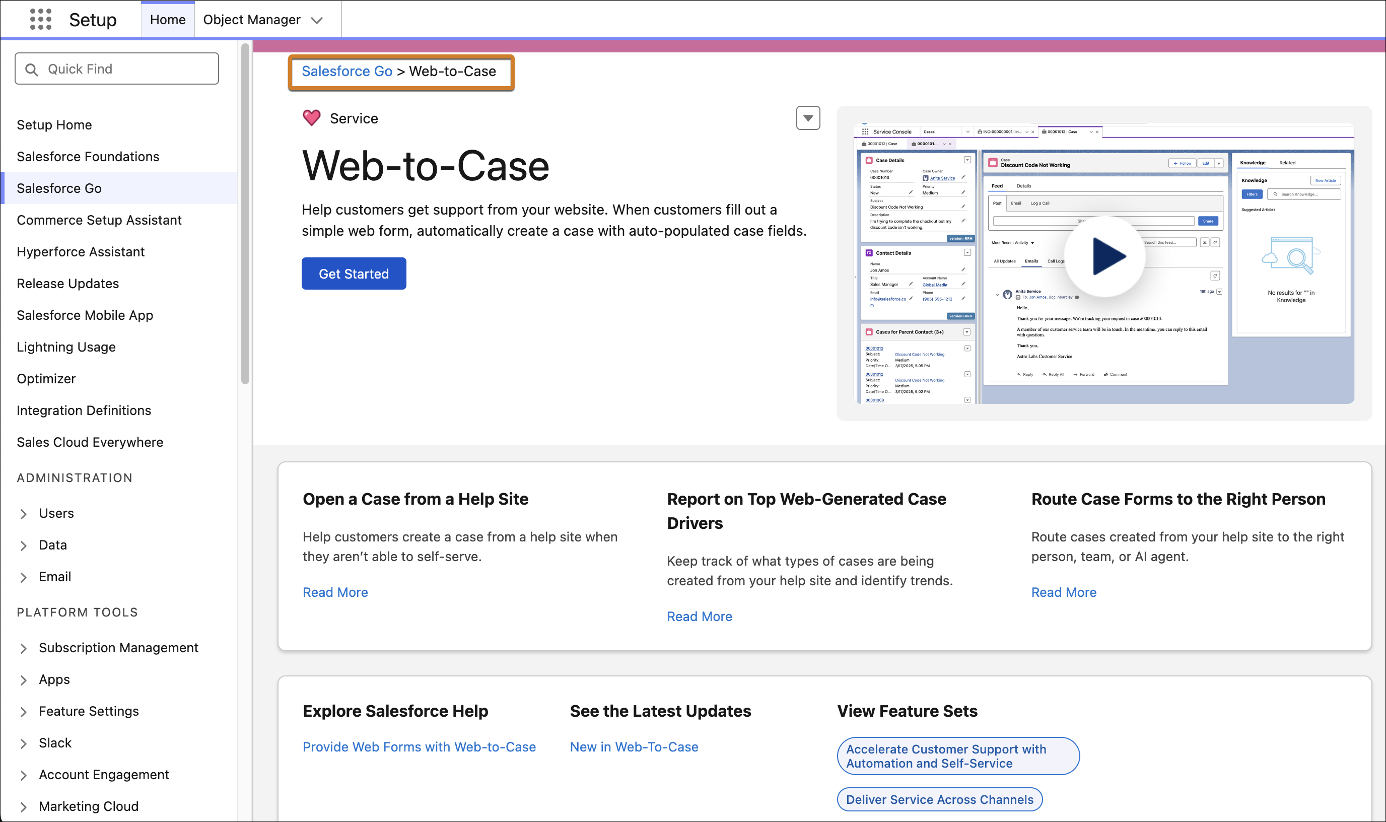 Página Web-to-Case no Salesforce Go