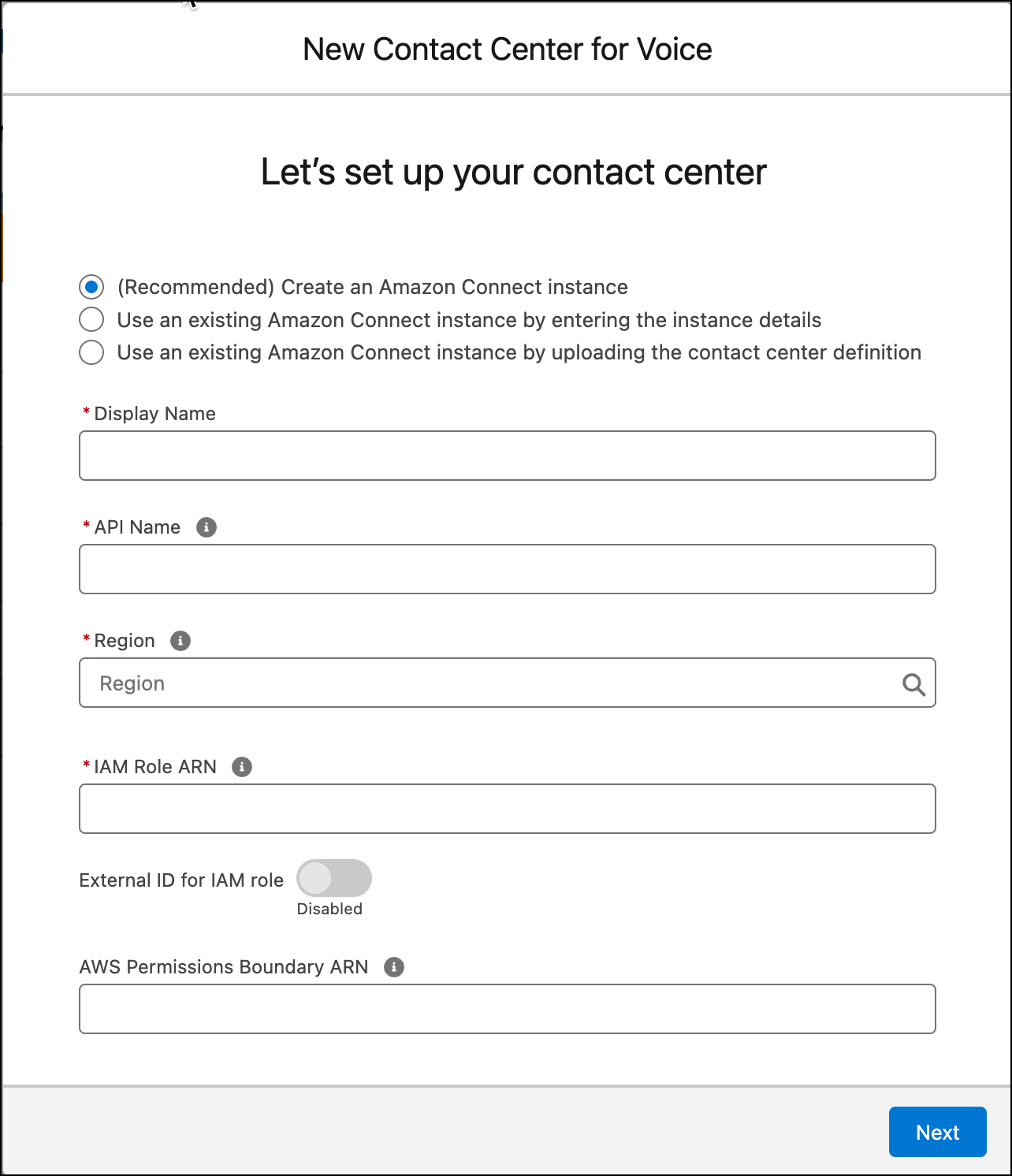 Настройте Voice с новым экземпляром Amazon Connect.