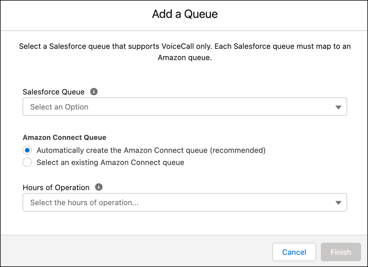 Välj Salesforce-kön, associerad Amazon Connect-kö och arbetstider.