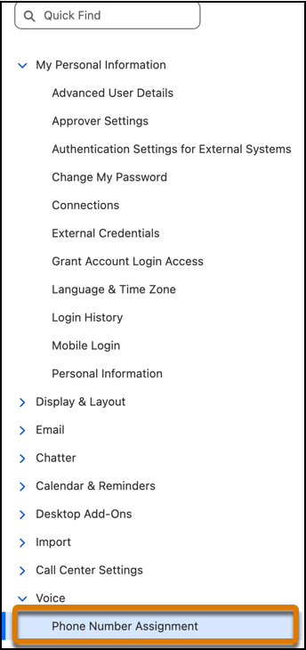 Snabbsökningsmeny med telefonnummertilldelning markerat