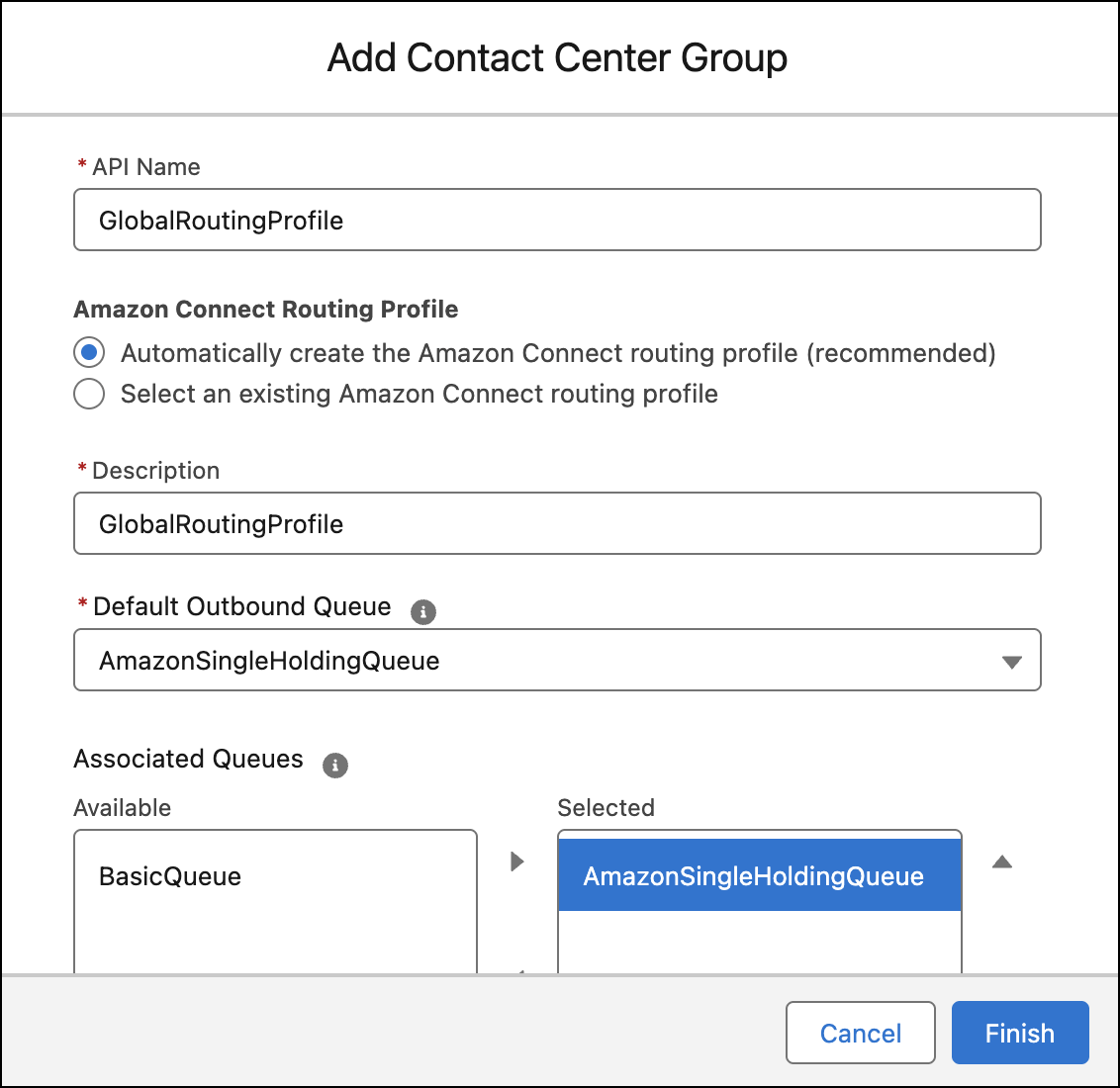 添加联系中心组，其中选择了 Amazon Connect 基本路由简档，并将 BasicQueue 作为默认出站队列，全局队列已添加到关联队列列表